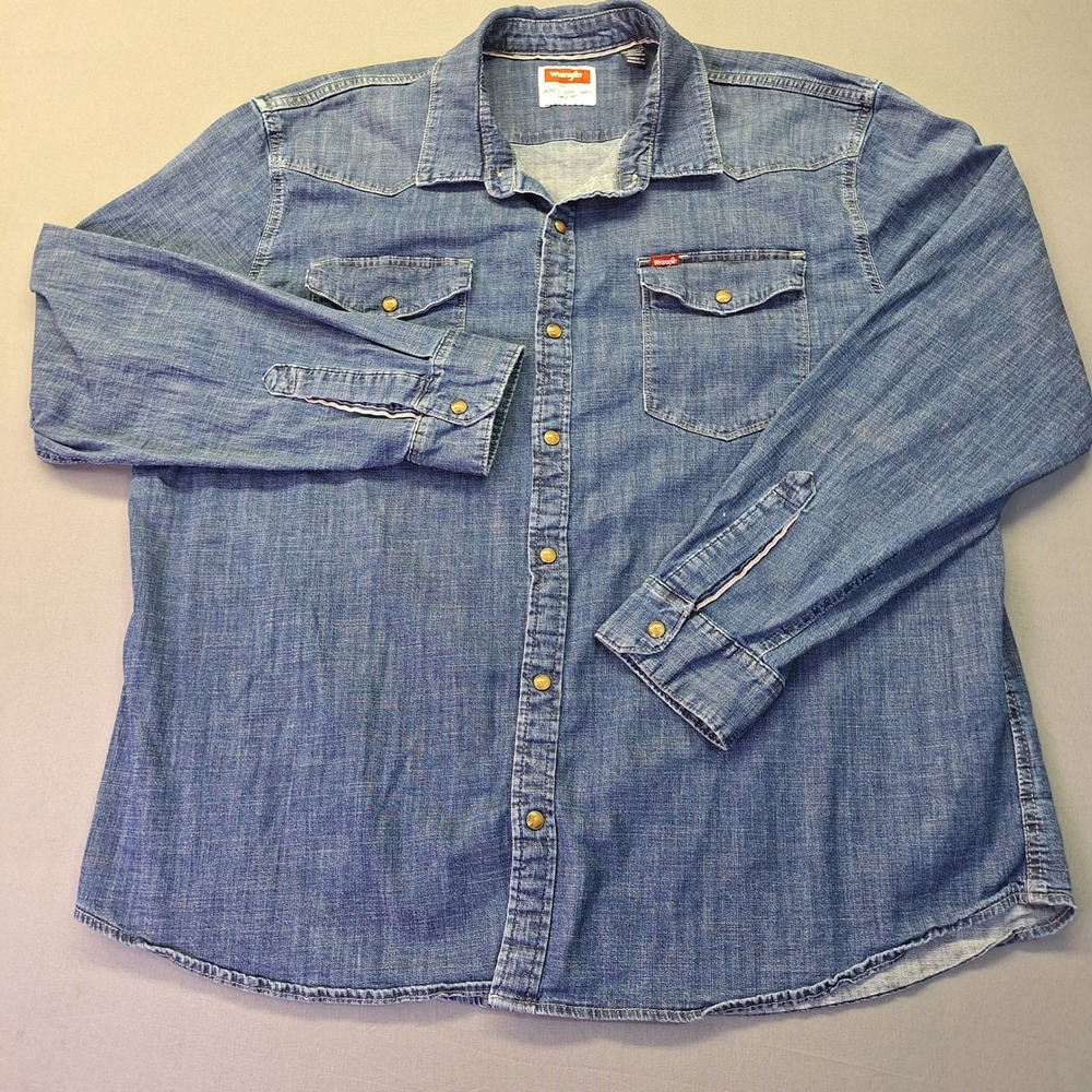 Wrangler Mens Blue Denim Western Pearl Snap Long Sleeve Shirt 2XL rodeo cowboy - Picture 1 of 9
